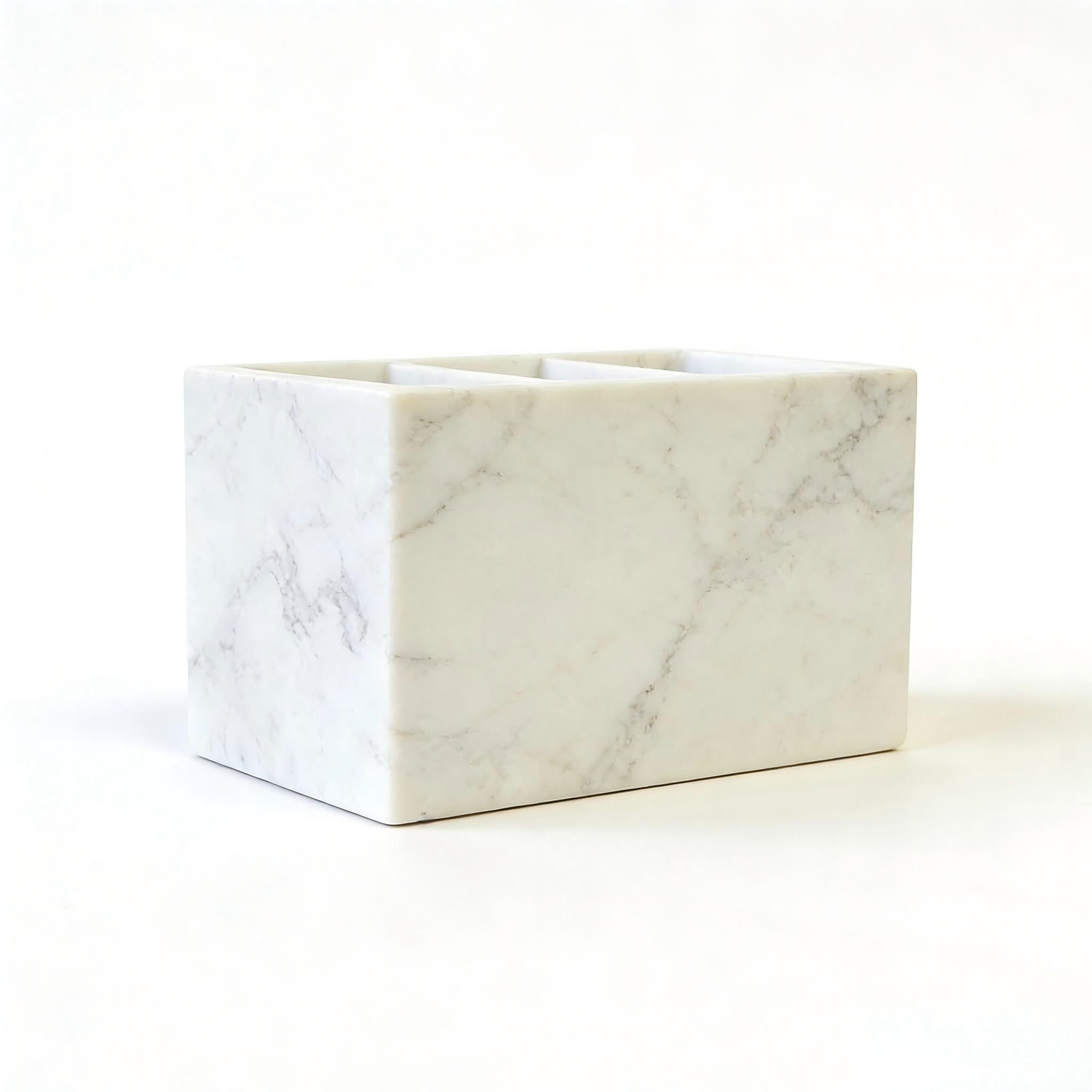 Calacatta Viola Natural Marble Desk Organizer - 3-Compartment Stone Storage Holder with Non-Slip Base for Pens, Makeup Brushes, Office Supplies & Bathroom Tools