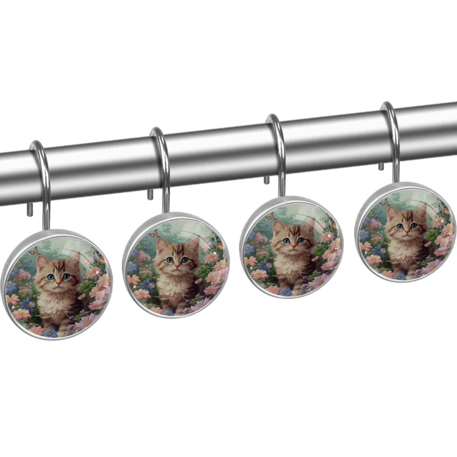HemaKayy 12 Pcs Shower Curtain Hooks Bathroom Decorative Accessories Flower Curly Haired Cat