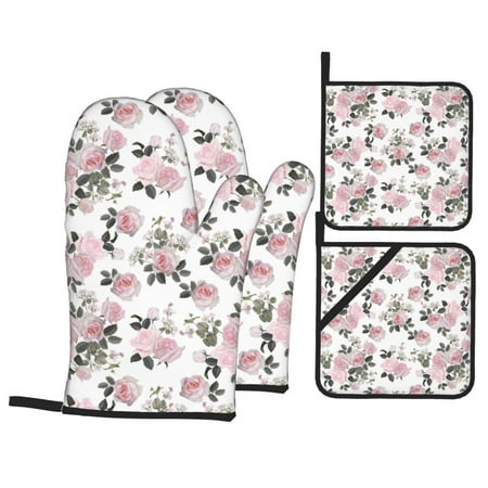 

Oven Mitts and Pot Holders Sets 4 pcs Rose Flowers Green Leaves Non-Slip Oven Gloves Potholders Soft Quilted Lining Heat Resistant Gloves Hot Pads for Kitchen Cooking Baking