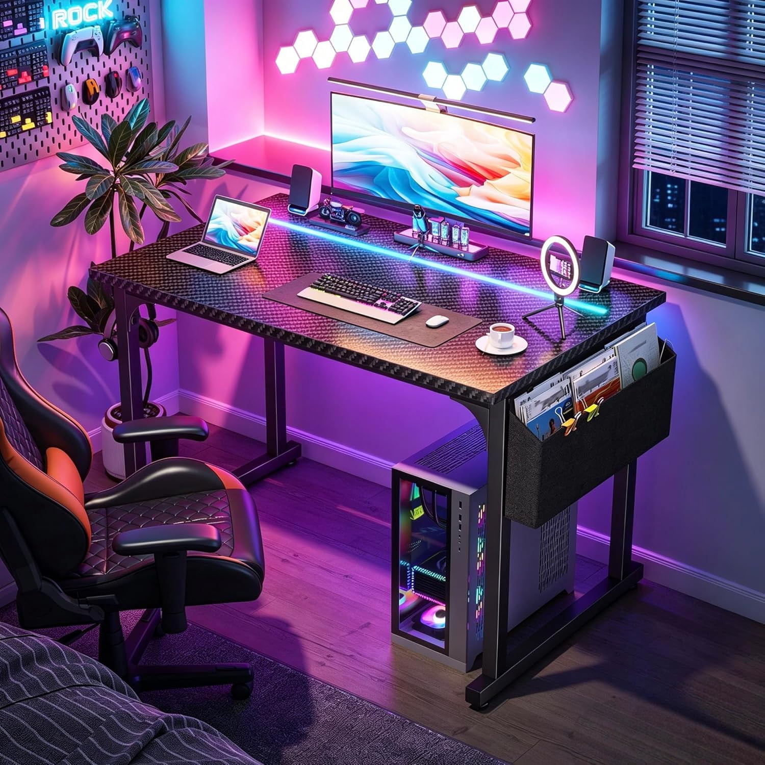 Romorgniz 39.4 inch LED RGB Gaming Desk, Sturdy Large Computer Workstation with 2 Headphone Hooks & Side Storage Bag, Home Office Desk, Black