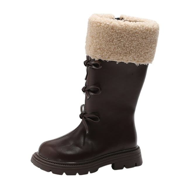 Girl's Fleece Lined Knne High Boots Kids Winter Fluffy Bowknot Princess Booties Platform Non Slip Riding Boots