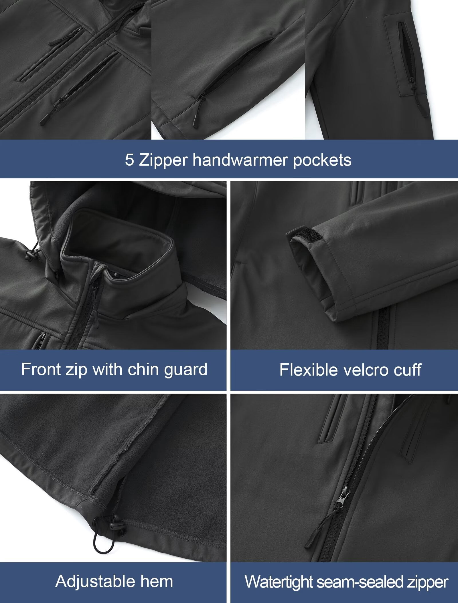 Chrisuno Mens Windproof Waterproof Soft Fleece Winter Running Jacket Windproof Warm Coat Grey 2XL