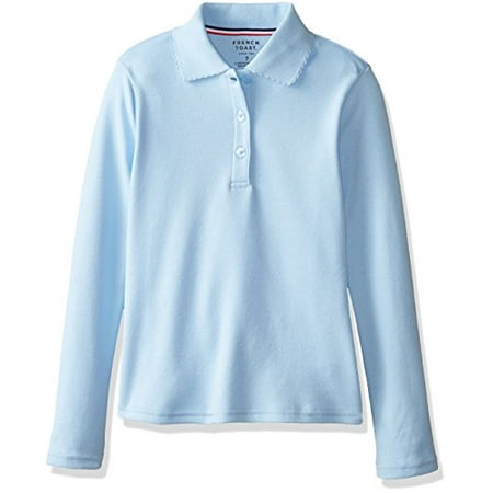 Blue 16 Pocket Square - French Toast Big Girls' Long Sleeve Interlock Polo with Picot Collar, Light Blue, 10