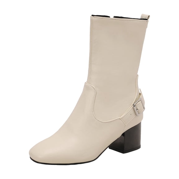 YLYL Women's Mid Calf Boot Buckle Chunky Block Heel Square Toe Side Zipper Slip on Fall Winter Shoes