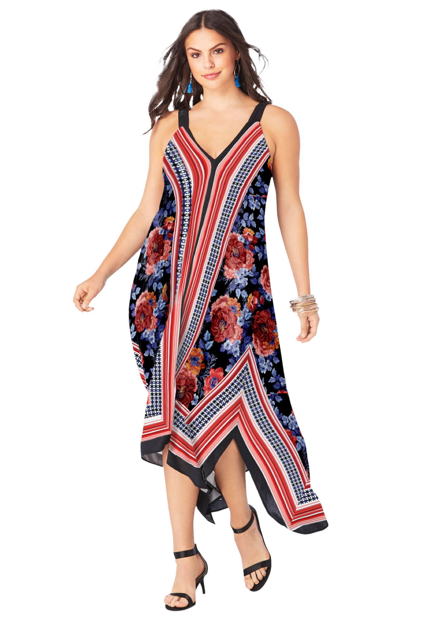 Summer Women Spaghetti Strap Colorful Printed Pockets Loose Dress with Scarf 