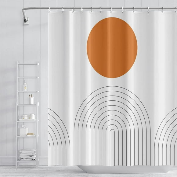 Rideau de Douche Bohème Abstrait Mi-Siècle - Lignes de Soleil Orange, Design Arqué, Tissu Polyester Imperméable, Comprend des Crochets, 72x72 Pouces, Parfait pour une Déco Maison Minimaliste, Ajoute une Touche Vibrante et Artistique