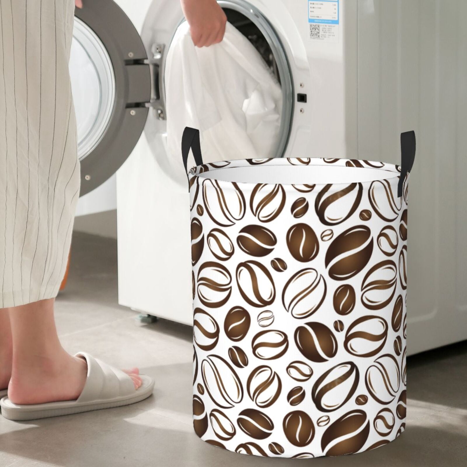 Large Laundry Basket with Handles - Brown White Coffee Bean Print Kids Baby Dirty Clothes Laundry Hamper for Bedroom Aesthetic