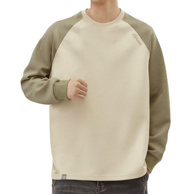 Wyzesi Plus Size Sweatshirt Hoodies for Men Male Patchwork Contrasting Raglan Sleeve Round Neck Sweatshirt with Inner Long Sleeves