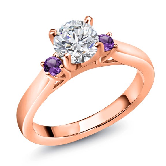 Gem Stone King 18K Rose Gold Plated Silver Lab Grown Diamond and Purple Amethyst Engagement Ring for Women | 0.86 Cttw | Round 6MM | Gemstone April Birthstone | Size 6