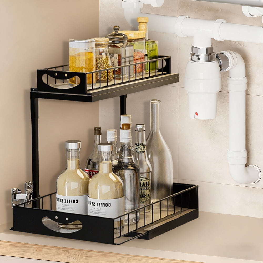 XMZHOU 2 Tiers Kitchen Pull Out Counter Sliding Drawer Shelf, Bathroom Under Sink Organizer, Sturdy And Solid Cabinet Storage For Kitchen Bathroom Home, Black