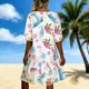 thumbnail image 5 of Vestido de Verano de Manga Corta Concha Impresión Cuello en V Reunido Vestido de Resort de Línea A, Vestido de Manga Azul de Puff para las Mujeres de Vacaciones, 5 of 8