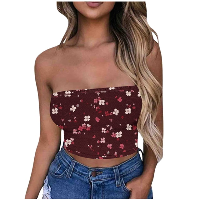 Haut Tube pour Femmes, Haut Sans Manches et Sans Bretelles en Polyester Uni avec Bande Élastique, Longueur Régulière, Rouge Vin, pour un Usage Quotidien Décontracté