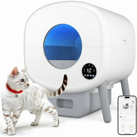 Self Cleaning Litter Box, 95 L Automatic Cat Litter Box Self Cleaning for Multiple Cats, with Safety Protection, App Control,2 Roll Garbage Bags,White