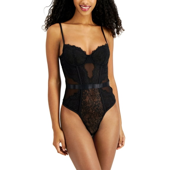 INC International Concepts Womens Lace Cutout Lingerie Bodysuit Deep Black XL
