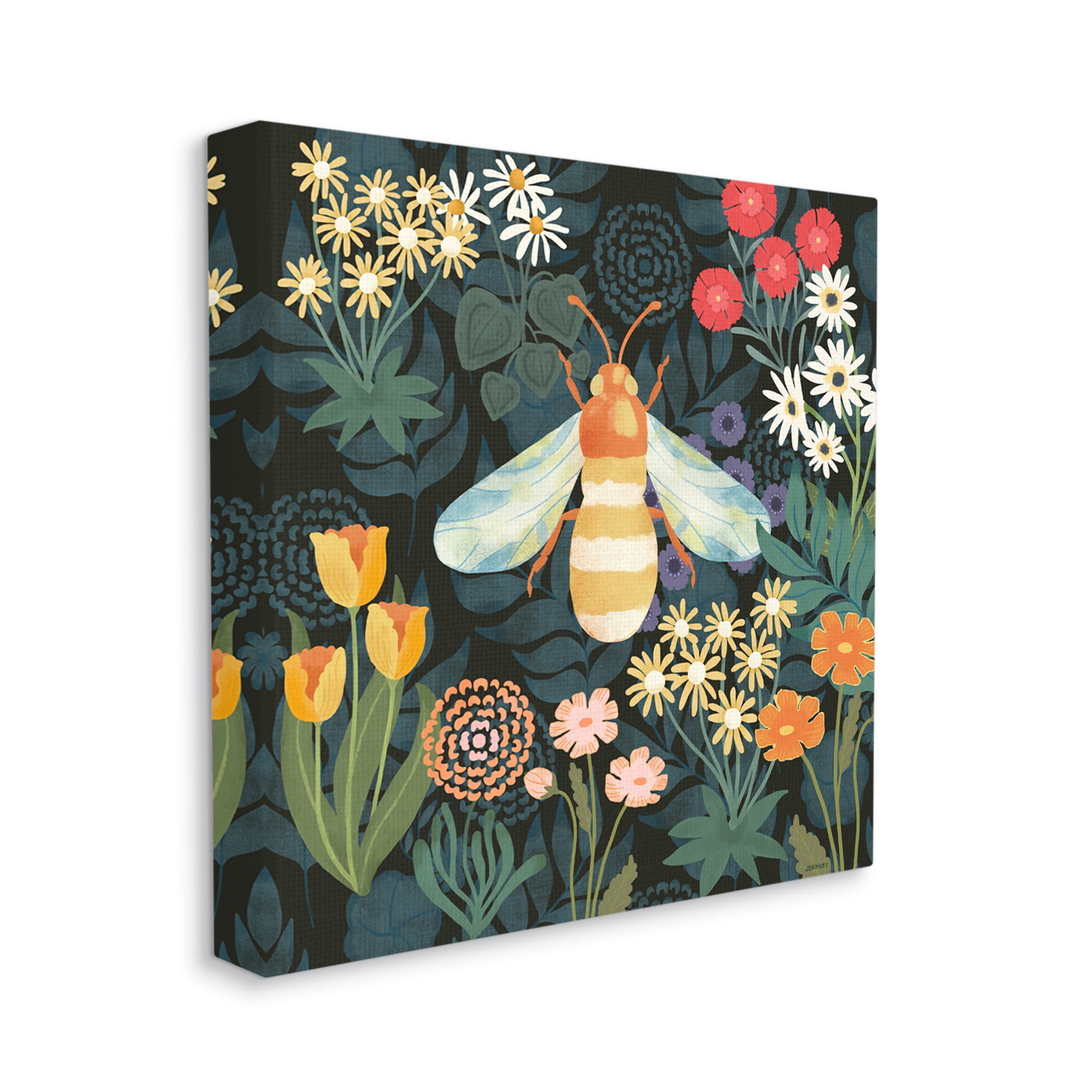Stupell Industries Bumble Bee Garden Pattern Botanical & Floral Painting Gallery Wrapped Canvas Art Print Wall Art, 17 x 17