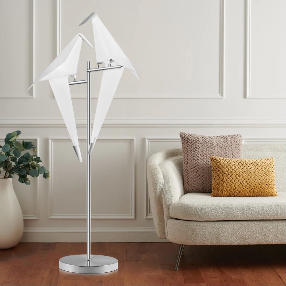 Set of 2 Silver Origami Crane Floor Lamps - Modern Wrought Iron Standing Light with LED Bulbs & White Shade, Sculptural Bird Design for Living Room Bedroom
