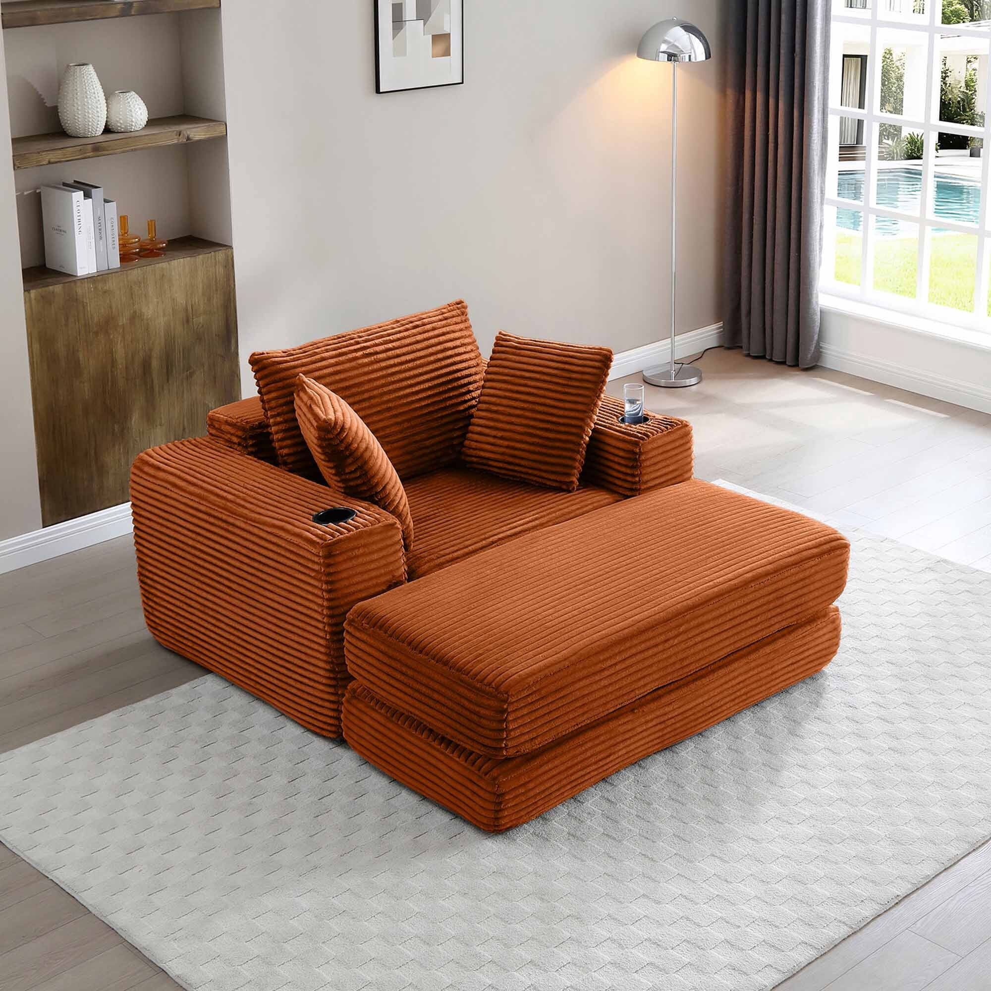 Lunale Boneless Chaise Lounge Chair with Ottoman, 52" Oversized 3-in-1 Convertible Sofa Chair for Living Room, Orange Corduroy