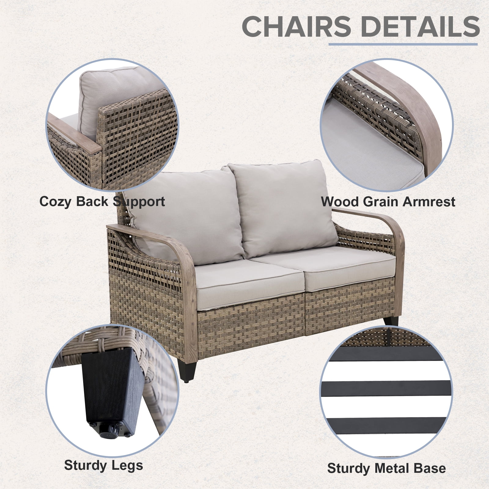 COOS BAY 6 Piece Brown Wicker Patio Sofa Set Outdoor Rattan Furniture Conversation Set Loveseat, Dining Chairs and Ottomans with Gray Cushions, Wood Grain Top Tables