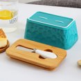 thumbnail image 3 of Ceramics Butter Dish with Wooden Lid Stainless Steel Cutter Large Capacity Fridge Countertop Butter Container Keeper Holder Box Kitchen Supplies, 3 of 7