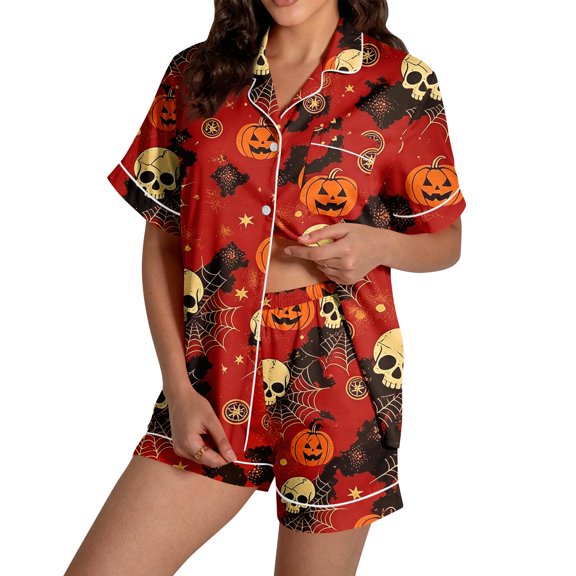 KDDYLITQ Halloween Pajamas Women Spooky Shorts Matching Short Sleeve Button Down Tops Pumpkin Ghost Trendy Funny Fashion Pj Sets Red S