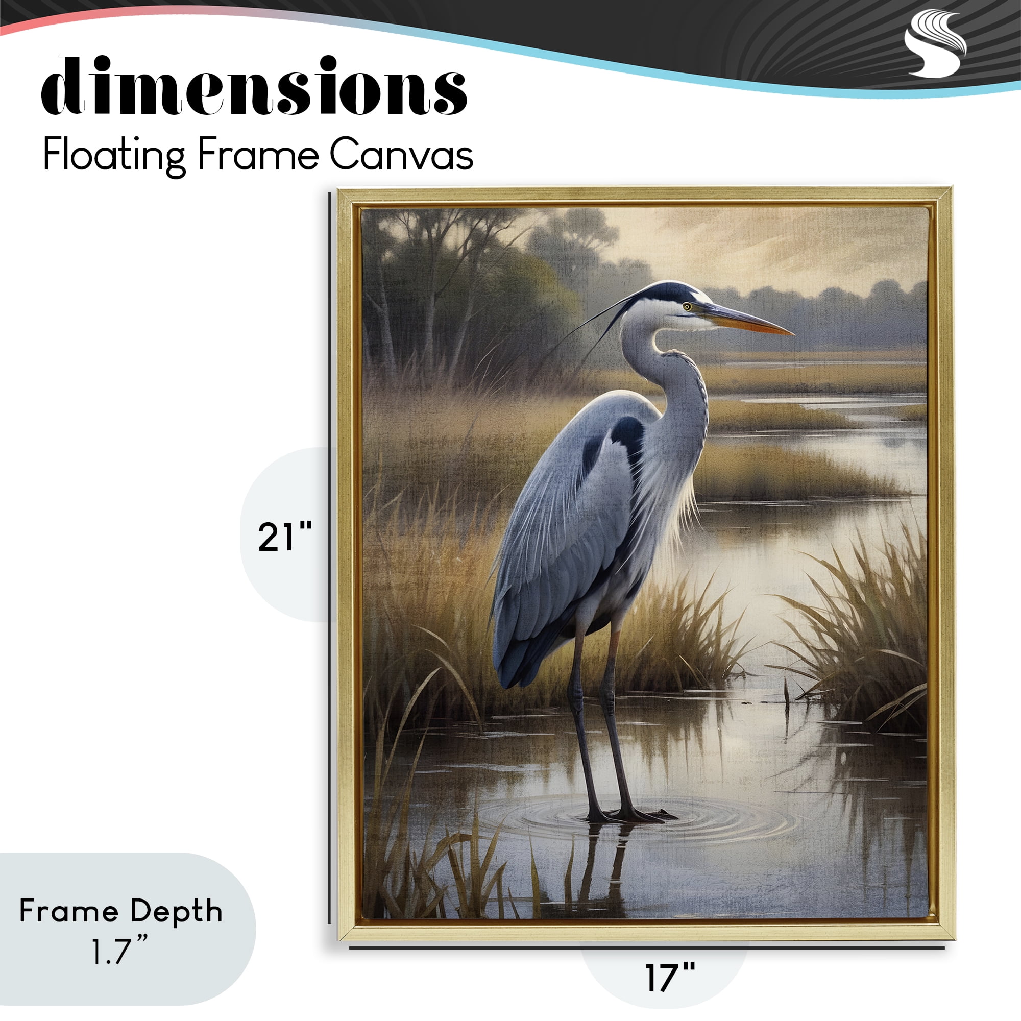 Stupell Industries Heron in Serene Marshlands Gold Framed Floater Canvas Wall Art, design by Susan Arnot