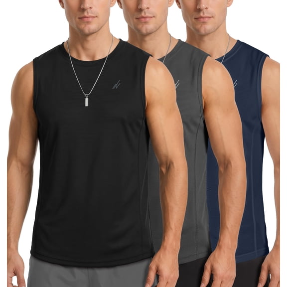 NY Threads 3 Pack Breathable Mesh Mens Tank Top Workout Muscle Shirts for Running, Medium, Black/Dark Grey/Navy