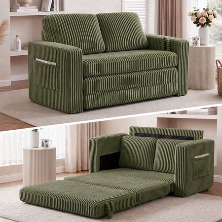 60" Convertible Corduroy Loveseat Sleeper Sofa Bed, Fold-Out Couch with 27.56" Deep Seat, 2 Side Pockets, Space-Saving Sofa for Apartments & Small Rooms