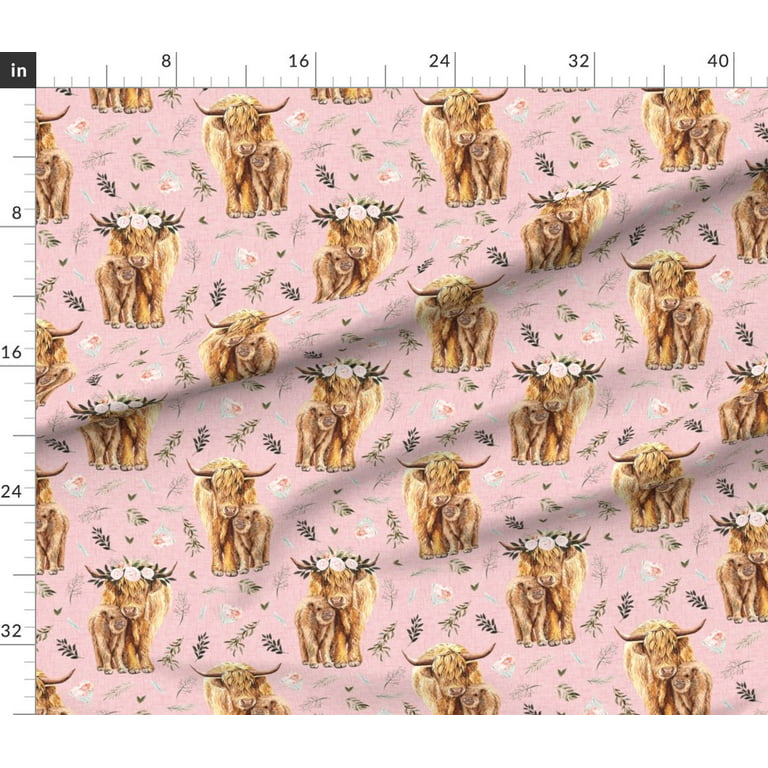 Spoonflower Fabric - Maroon Floral Highland Cow Pink Cows Scottish Printed  on Cotton Poplin Fabric by the Yard - Sewing Shirting Quilting Dresses