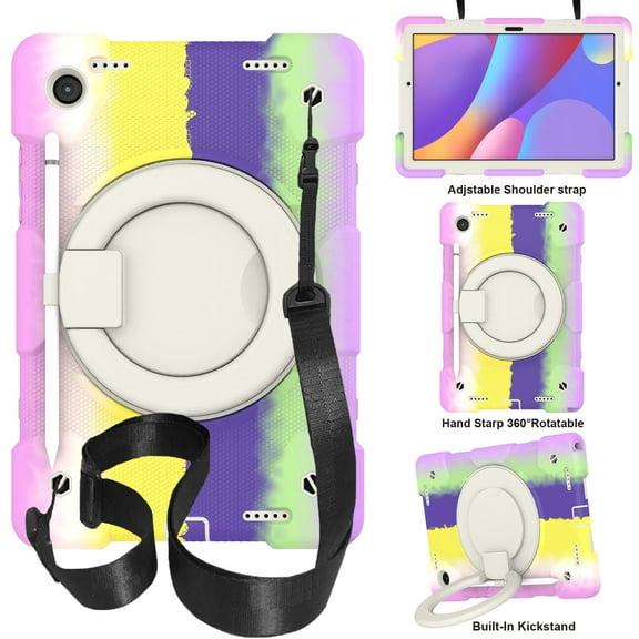 Samsung Galaxy Tab A8 10.5 Inch Case 2022 SM-X200/X205/X207 Military Grade Silicone w/Pencil Holder - Stand - 360 Degree Swivel Handle - Shoulder Strap Heavy Duty Rugged with Case, Rainbow Purple