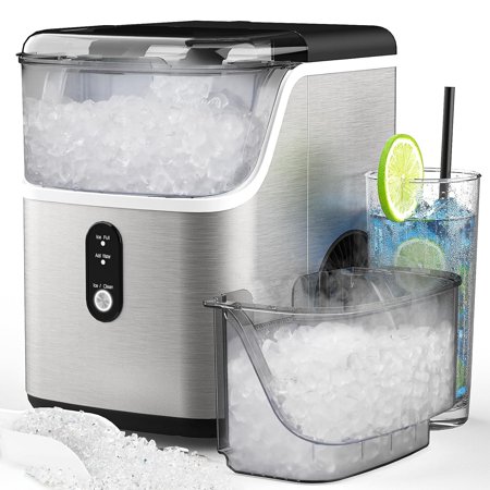 Nugget Countertop Ice Maker with Soft Chewable Pellet Ice, Portable Pebble Ice Machine 33lbs/24H, Self-Cleaning, Sonic Ice, One-Click Operation, for Kitchen, Office- Stainless Steel Silver