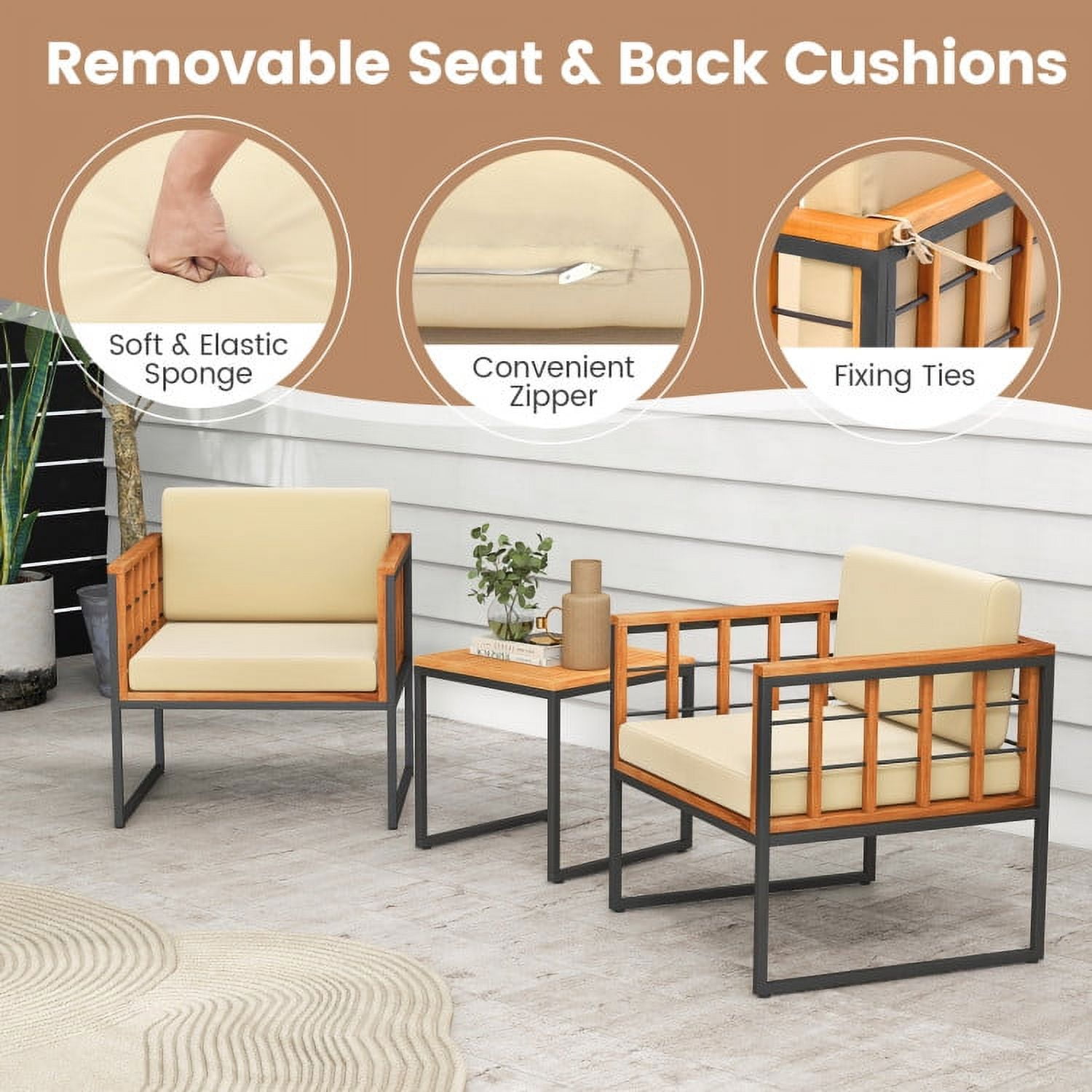 Aimee Lii 3 Pieces Patio Chair Set Acacia Wood Outdoor Sofa Set with Soft Cushions, Outdoor Patio Furniture Sets, Beige
