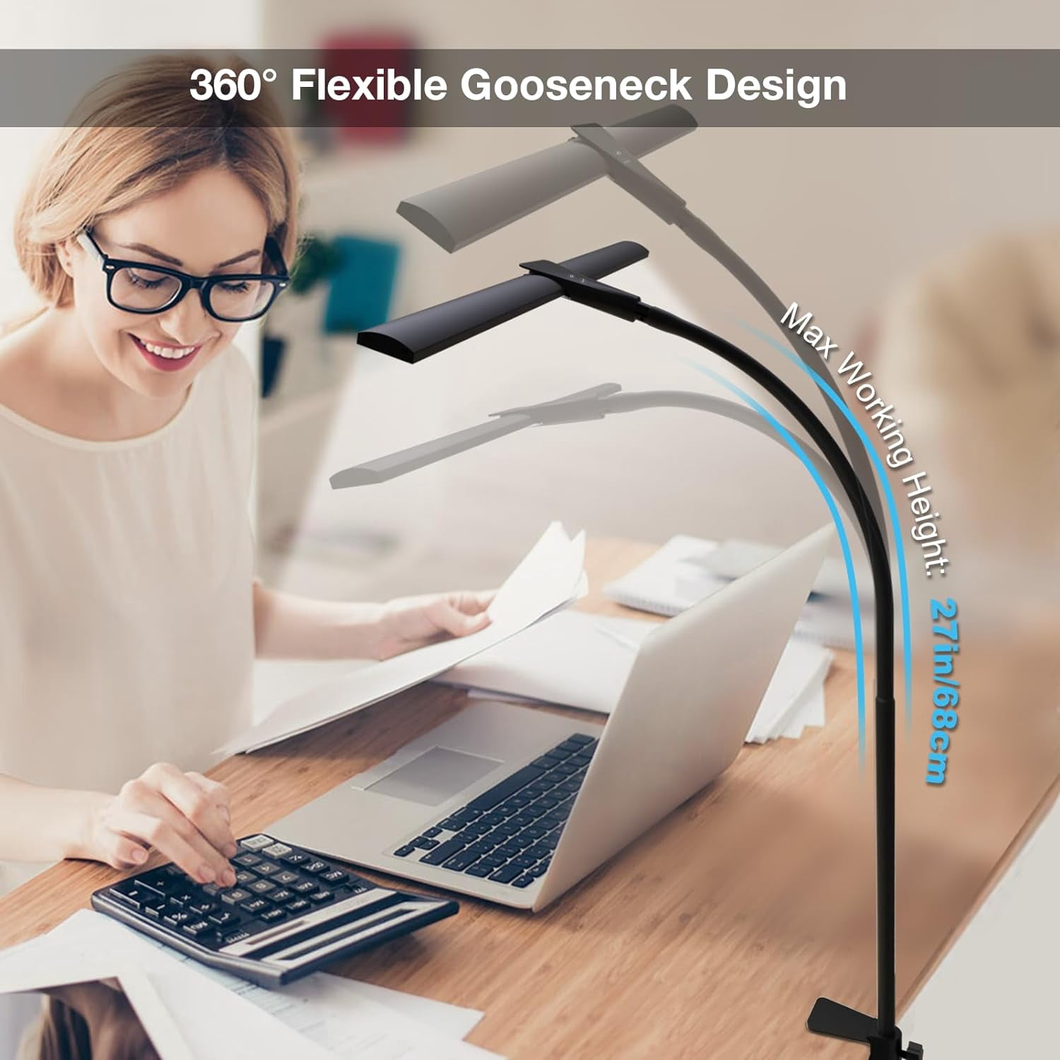 LED Desk Lamps for Home Office, Double Head Monitor Light - Flexible Hose, Adjustable Height, 5-Level Dimmable Eye-Caring Brightness & Color, Architect Lamp for Work, Study