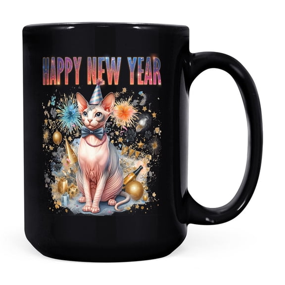 Happy New Year with Sphynx Fireworks Holiday Xmas Winter 2025 Mug Cat Lover Kitten Owner Gifts Idea Coffee Tea Cup - 00025