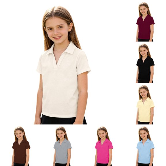 lnmuld Back to School Kids Girls Short Sleeve Solid V Notch Collar No Button Pique Polo Shirts Breathable Summer School Uniform Tops Size:5-6 Years