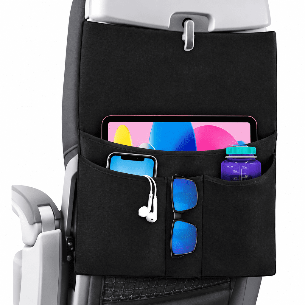 FURVENA Airplane Seat Back Organizer,Tray Table Cover with Storage Pockets,Travel Essentials for Air Travel,Phone and Cup Storage Bag,Portable Back of Seat Car Organizer