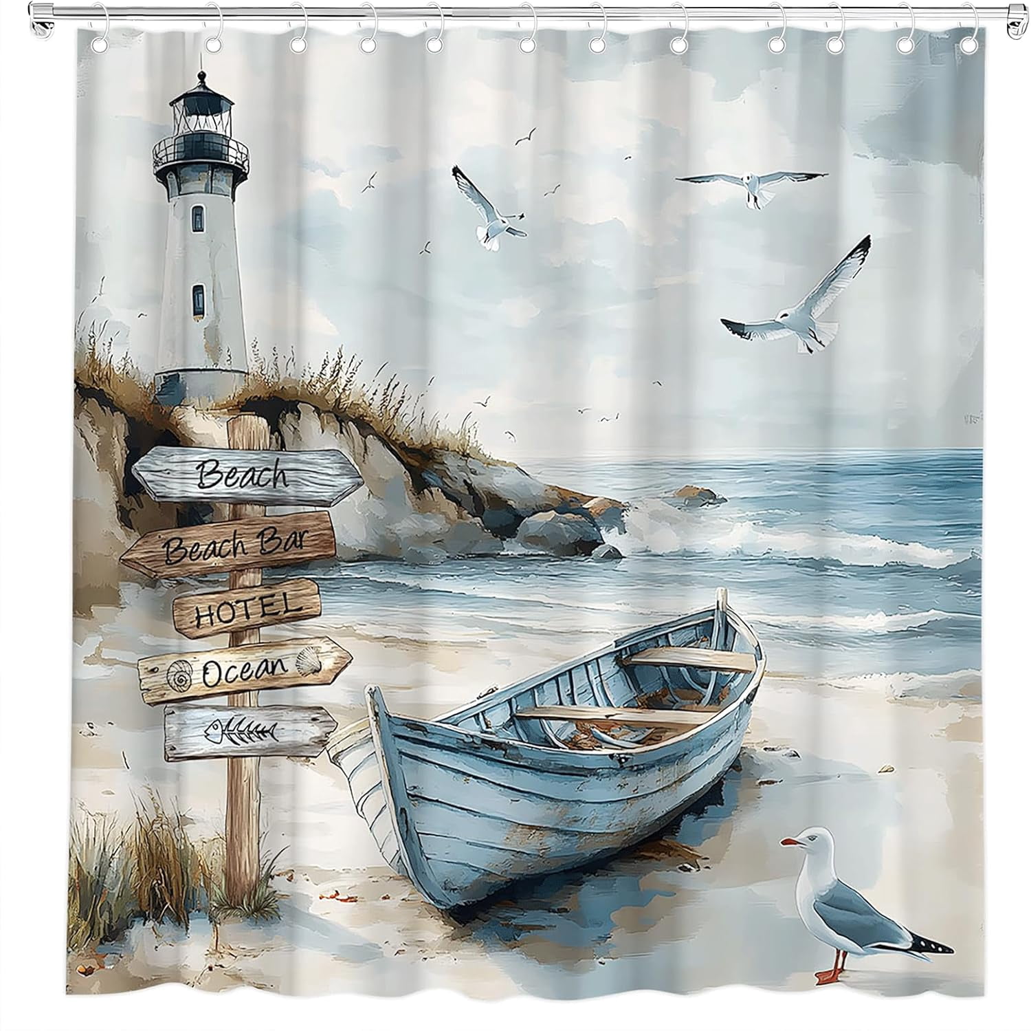 Nautical Coastal Shower Curtain Ocean Beach Lighthouse Seasides Sailboat Seagull Wild Grass Sea Waves Watercolor Seascape Bath Curtain Fabric Bathroom Accessories Decor with Hooks 72"W x 72"L
