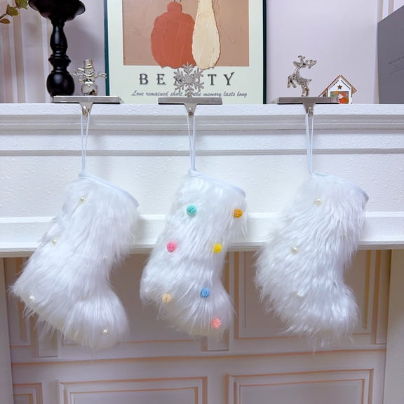 Traditional Plush White Faux Fur Christmas Stockings,Deluxe 10 Inch White Fuzzy Christmas Stockings Hanging Ornaments Candy Gift Bags for Xmas Fireplace Holiday Decorations