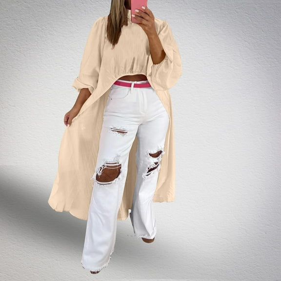 BSDJILFG Sun Protection Shirts for Women Long Sleeve UPF 50  High-Low Duster Cardigan Lapel Blouse with Zipper
