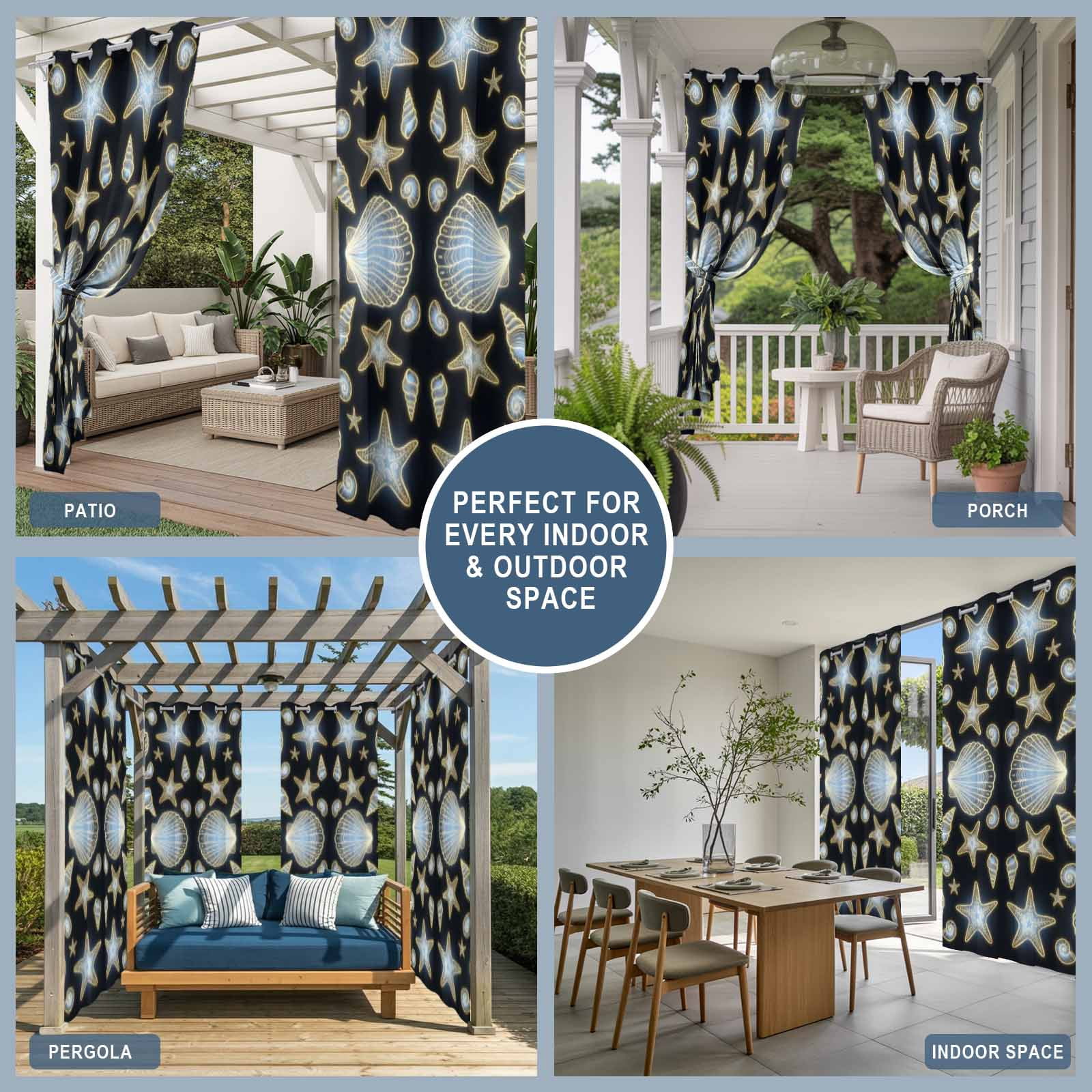 Blue Neon Coastal Outdoor Curtains for Patio, Seashell Starfish Summer Ocean Sunshade Privacy Drapes Grommet Waterproof Outside Curtains for Porch/Cabana/Balcony 54"x 108", 1 Panel