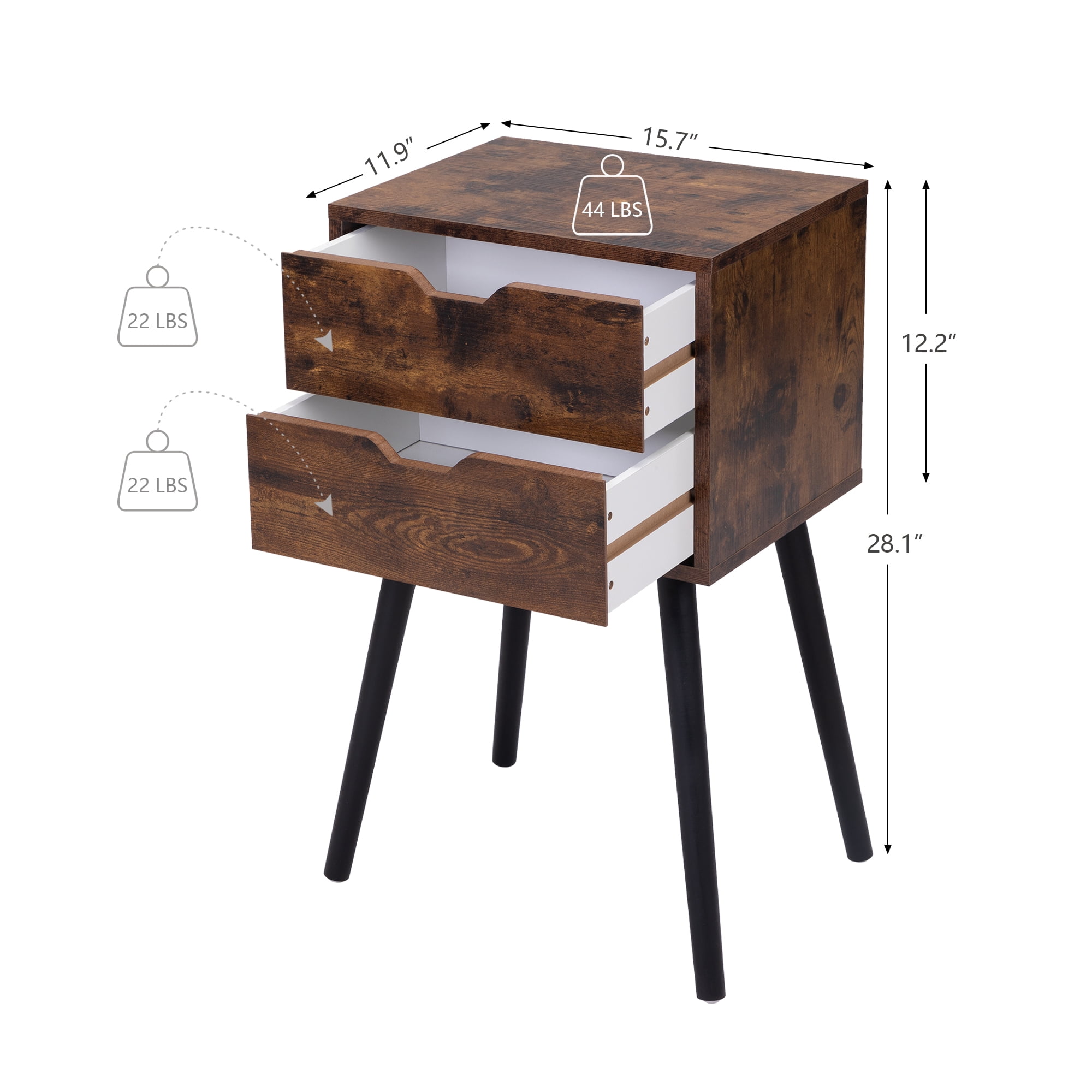 Jaxpety Modern Nightstand with 2 Drawers, Set of 2, Rustic Brown