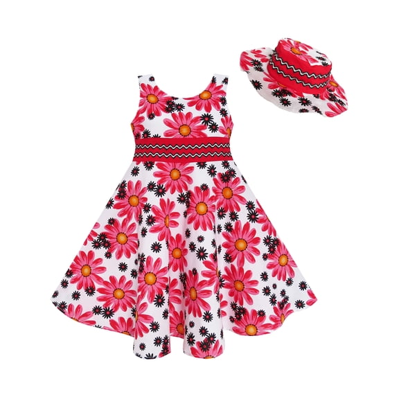 2 Pecs Girls Dress Hat Flower Summer Party Holiday Princess Child 4-5