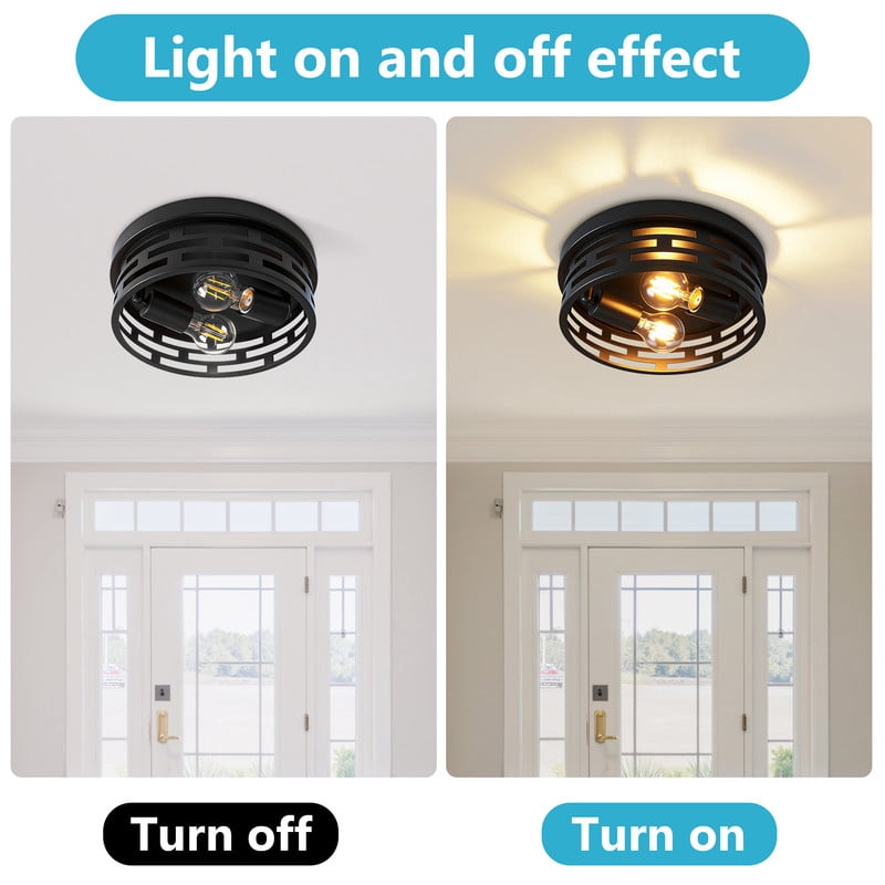 HKMGT Rustic 2-Light Flush Mount Ceiling Light, Matte Black Grid Pattern Frame, E26 Base, Round Close to Ceiling Light for Hallway, Entryway, Bedroom, Kitchen （2-Pack）