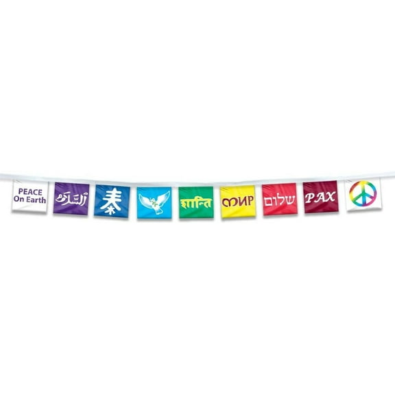 AGAS 15' Ft Universal Peace Streamers - Rainbow Peace Prayer Flag String - Roll of 9 Flags 10"x11" inch each - Peace On Earth Flags - Universal Peace Prayer Flags String