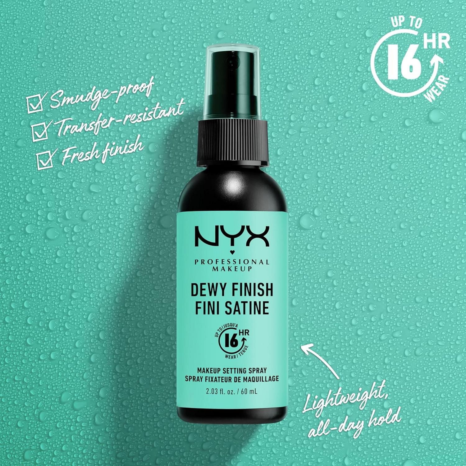 NYX Professional Makeup Dewy Finish Setting Spray, Long Lasting 16h Wear, Vegan Formula, 60mL