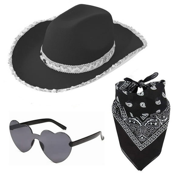 Celivon Double Sequin Wrapped Black Western Cowgirl Hat 3 Piece Set Glasses Square Scarf Silk Scarf