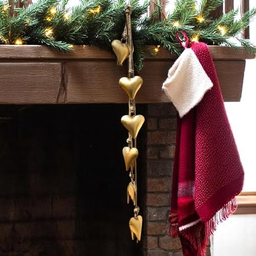 Decorative Hanging Cow Bells – 45” Metal Wind Chime with 6 Heart-Shap Bells on Rope - Vintage Farmhouse Boho Bell Garland for Christmas, Home, Porch, Entryway, Garden & Fireplace (Gold Heart)