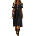 thumbnail image 3 of Bxsruta Women’s V Neck Short Sleeve Cotton Linen Fit & Flare Midi Dress with Pockets Casual Summer Dress, 3 of 7