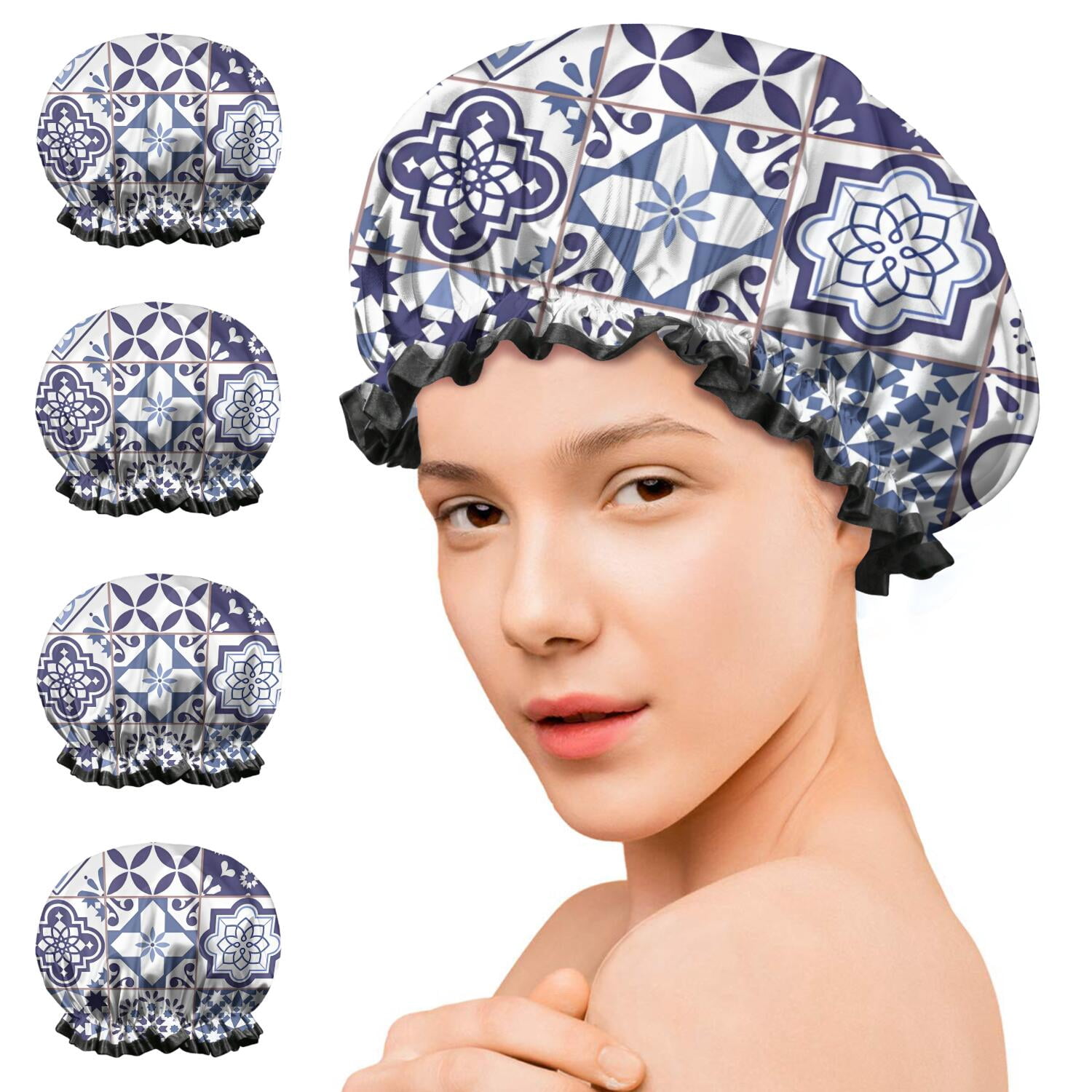 Shower Caps,Blue Ethnic Geometric Patchwork Pattern Waterproof Shower Cap for Women 4 Pieces,Double Reusable Hair Cover for Shower PEVA Elastic Stretch Hem