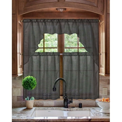 K66 COFFEE 3-PC Luxurious Sheer Organza Kitchen Rod Pocket Window Curtain Treatment Set, Beautiful Solid Tier Panels with Matching Valance Swag