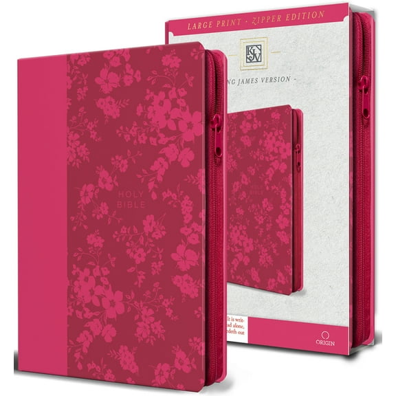 KJV Medium Size Large Print Editions KJV Holy Bible, Large Print Handy Size, Fuchsia Premium Imitation Leather W/Ribbon Marker, Red Letter, Zipper, (Paperback)